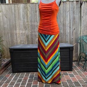 Orange Top with Multicolor Chevron Maxi Skirt